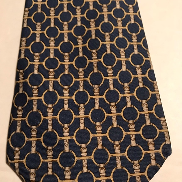 HERMÈS Vintage Men’s Necktie 100% Silk Blue Tan - Picture 2 of 7